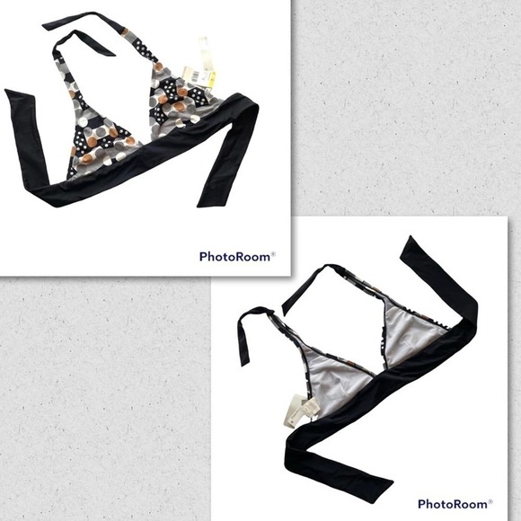 Cute bikini top Perry Ellis triangle Halter Black gray size Medium Polka Dot nwt - Picture 9 of 9